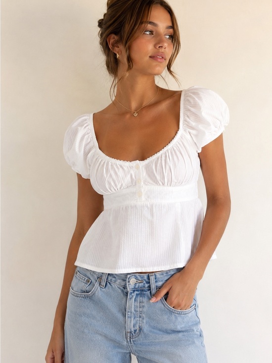 Brandy Melville Tops - Brandy Melville John Galt White Puff Sleeve Babydoll Top One Size